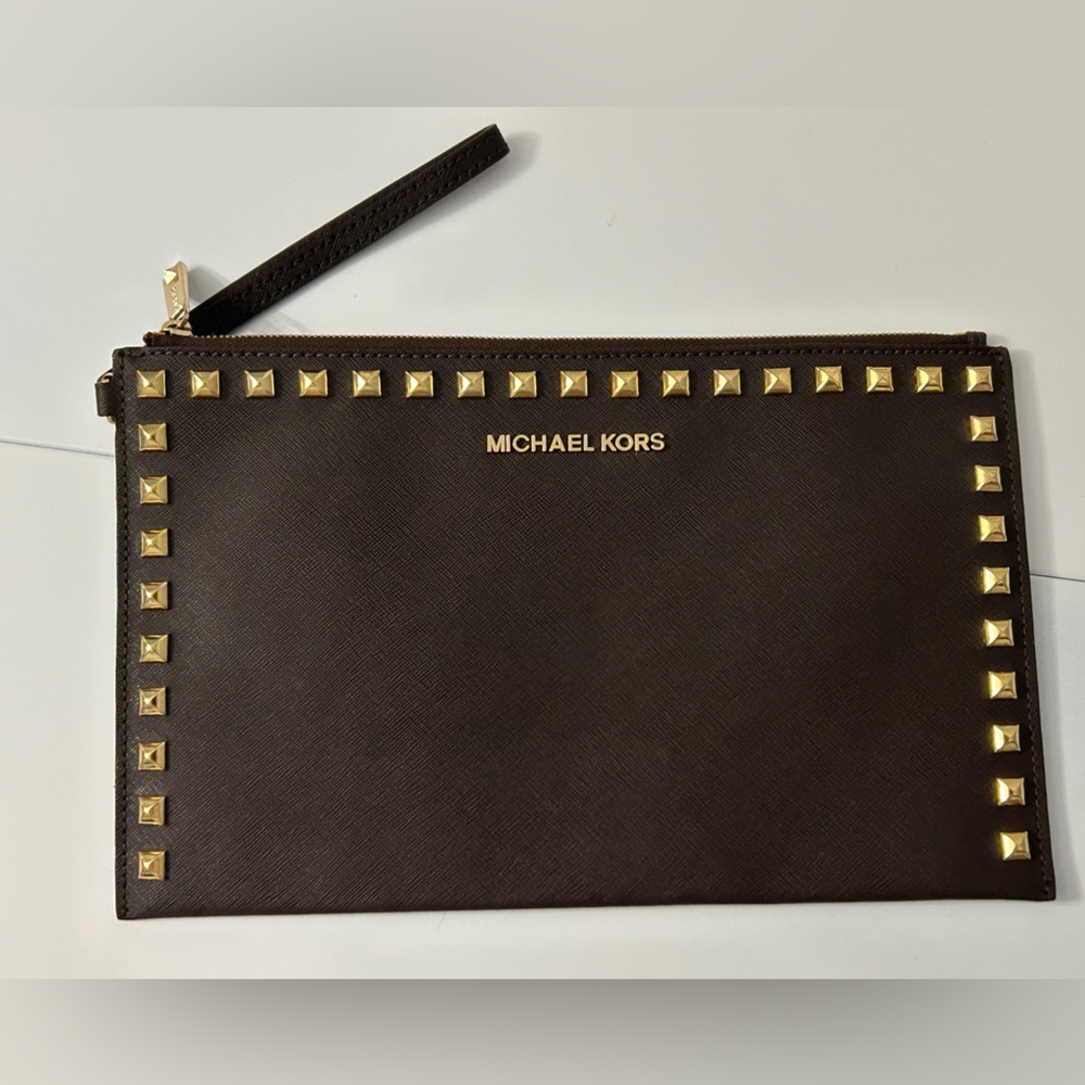 Michael Kors Selma Dark Brown Saffiano Leather Studded Wristlet Clutch Bag